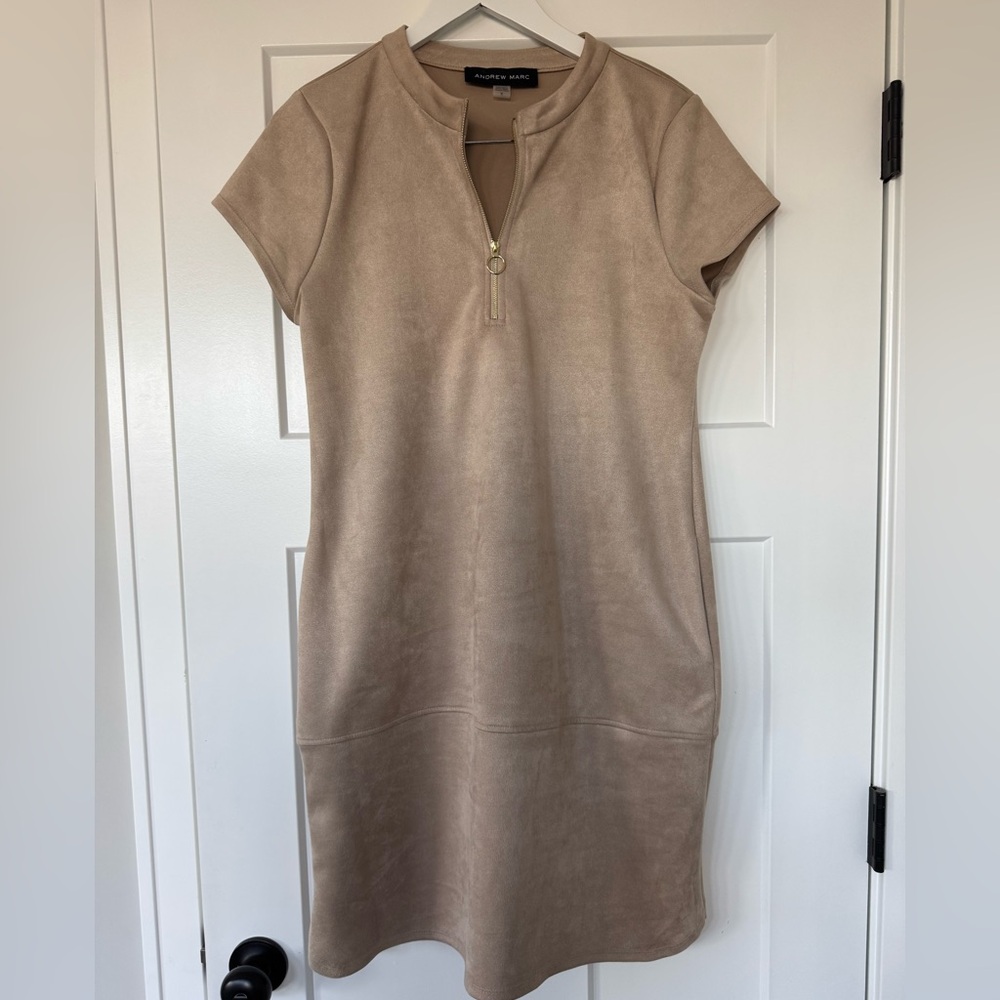 Andrew Marc Beige Faux Suede Quarter Zip Dress
